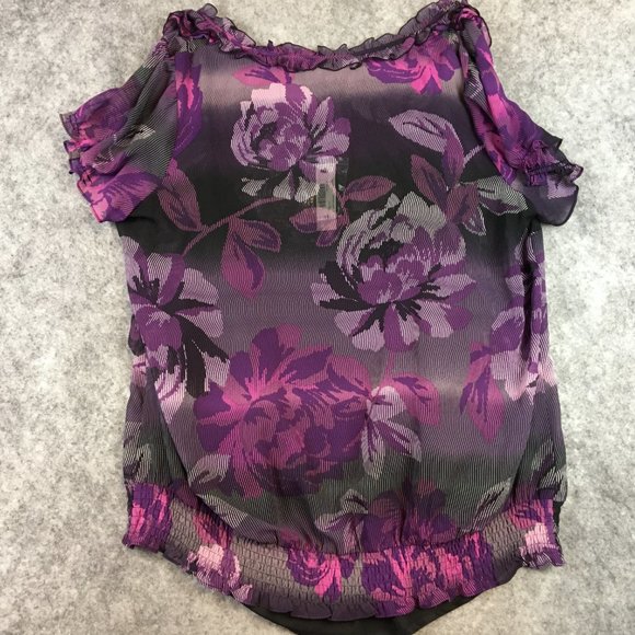 East 5th Top 1X Blouse Chiffon Button Front Smocked Short Sleeve Purple Office - Picture 9 of 10